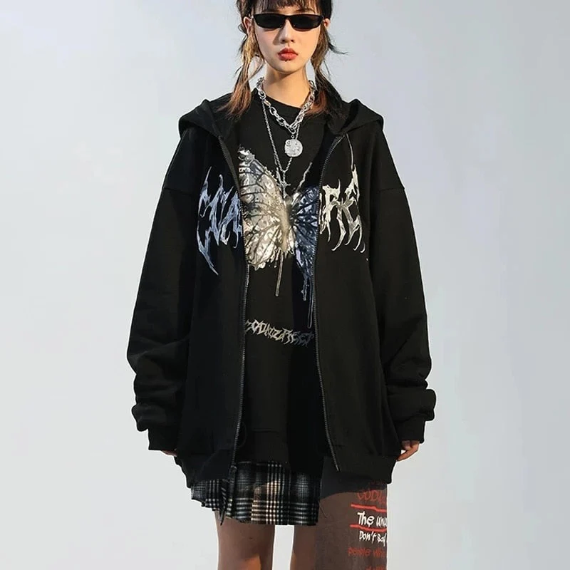 deanwangkt Butterfly Print Hooded Jackets Women Autumn Punk Zip-up Loose Coats Female Harajuku Hip Hop Streetwear Y2k Aesthetic Hoodies - Deanwangkt