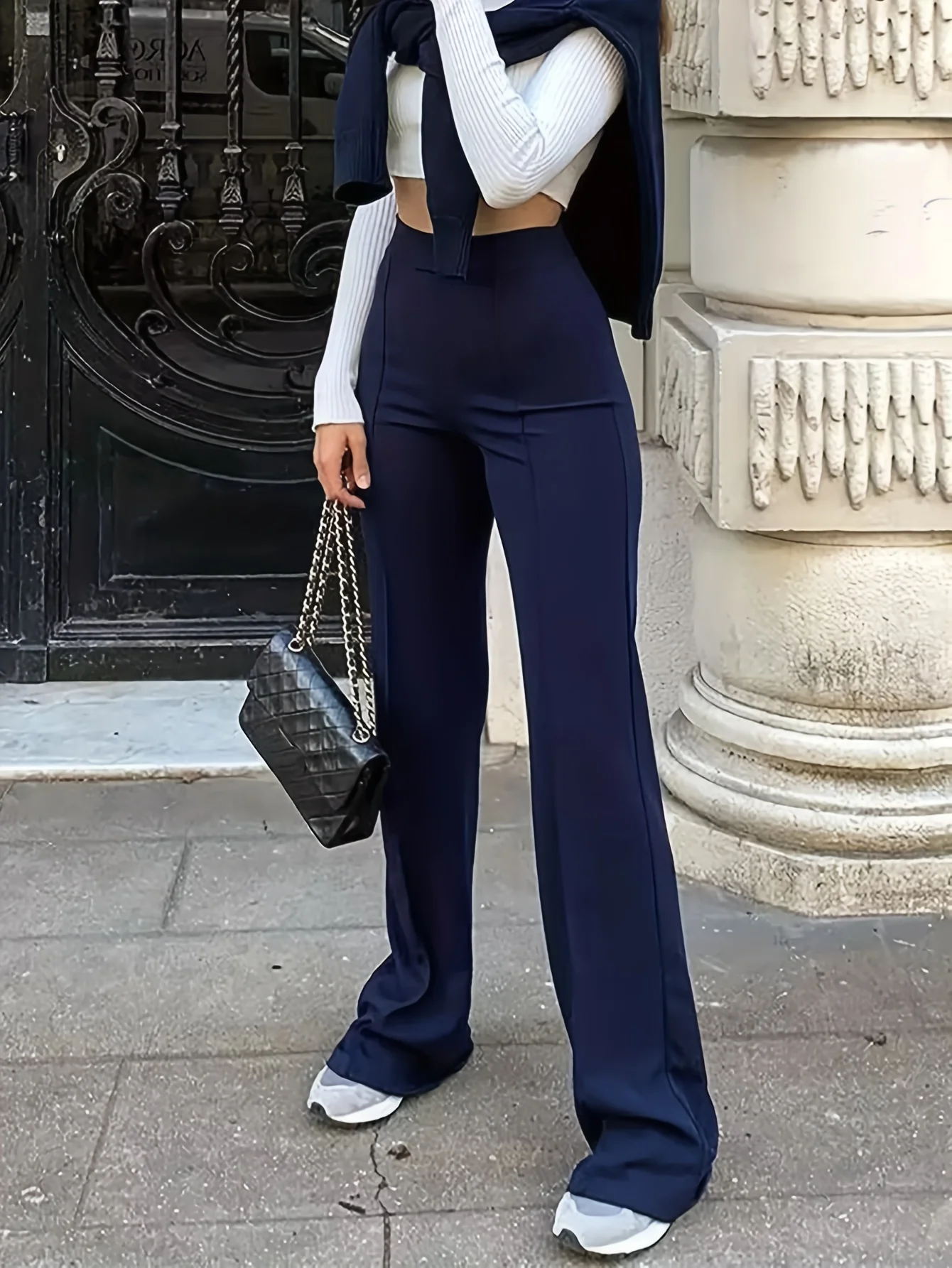 deanwangkt-1  Solid High Waist Elastic Long Length Pants, Slim Stylish Elegant Wide Leg Pants, Women's Clothing - Deanwangkt