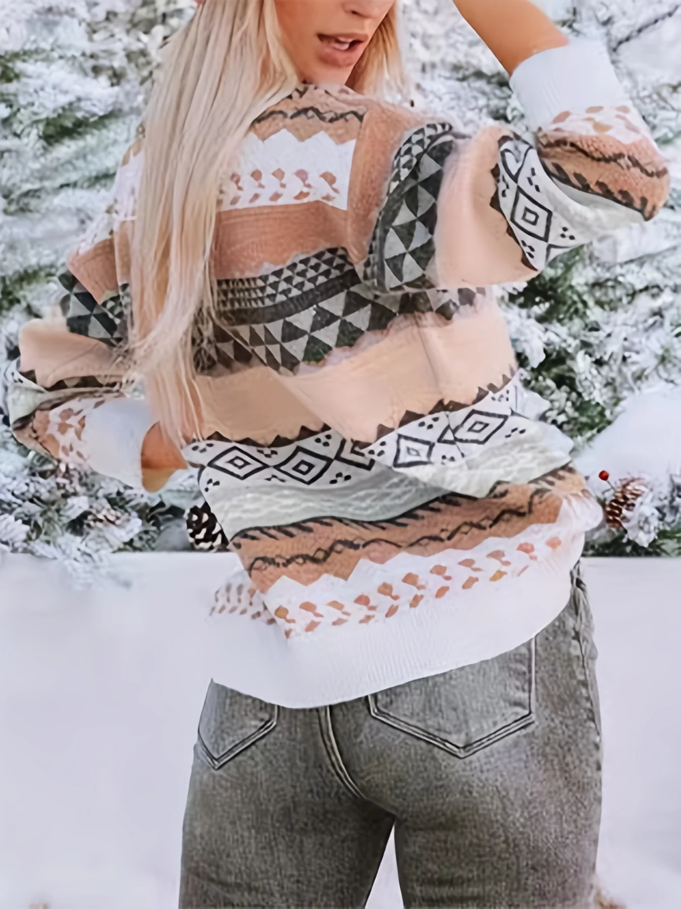 Color Block Graphic Print Crew Neck Pullover Sweater, Casual Long Sleeve Sweater For Fall & Winter, Women's Clothing - Deanwangkt