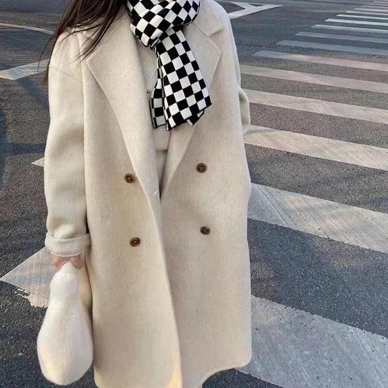 Winter Korean Style Double Breasted Silk Rabbit Woolen Long Overcoat Women Handmade Loose Pink Gray Wool Coat Jacket - Deanwangkt