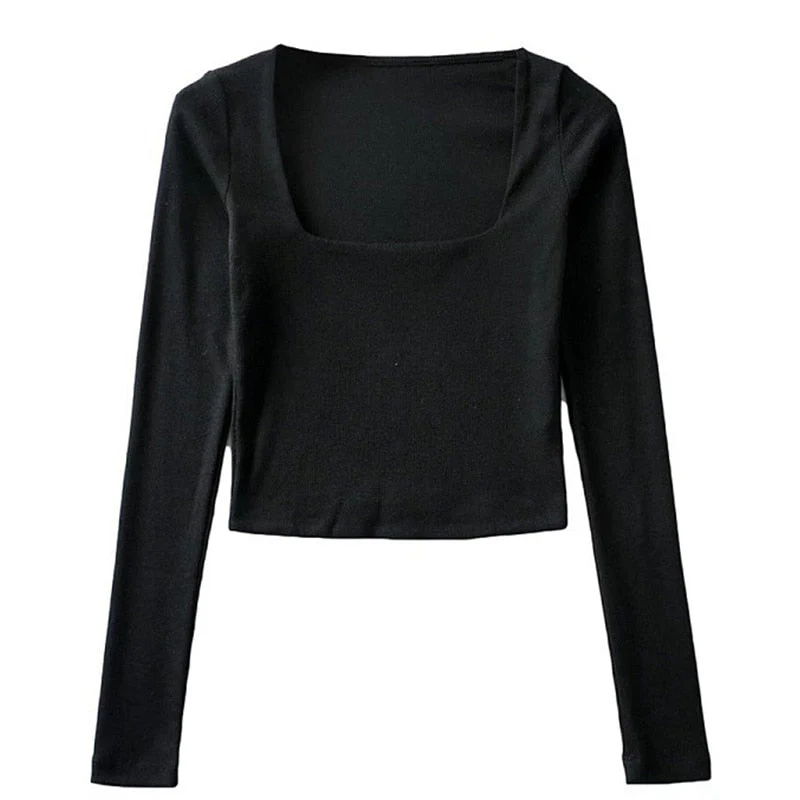 deanwangkt Women Cotton Ribbed Square Neck Crop Top With Long Sleeve - Deanwangkt