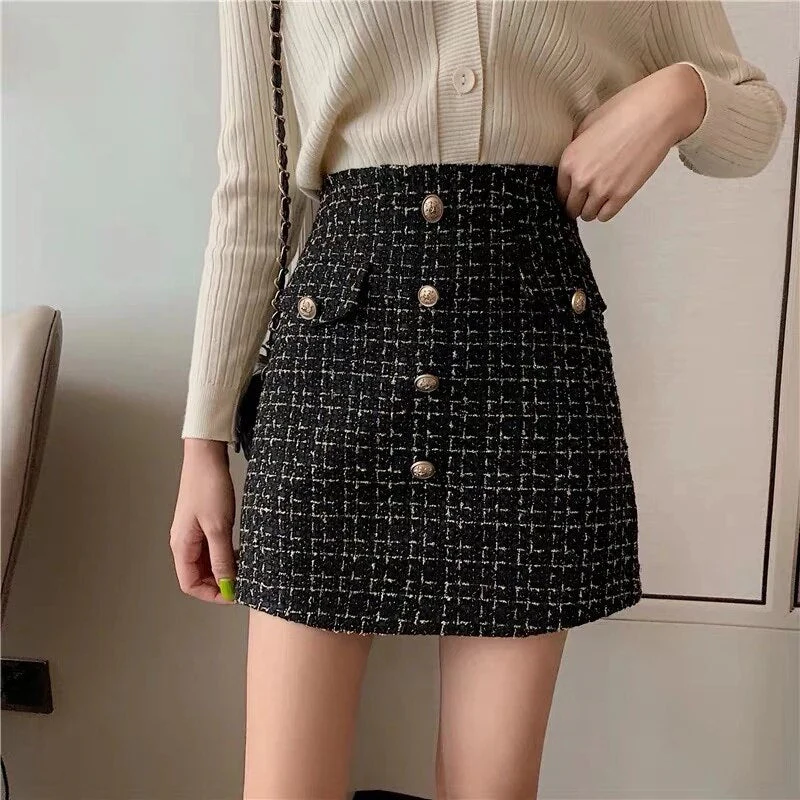 deanwangkt Plaid Tweed Skirts Office Lady High Waist Mini Skirt Woolen Clubwear Vintage Buttons Black White Zipper Shorts Skirt - Deanwangkt