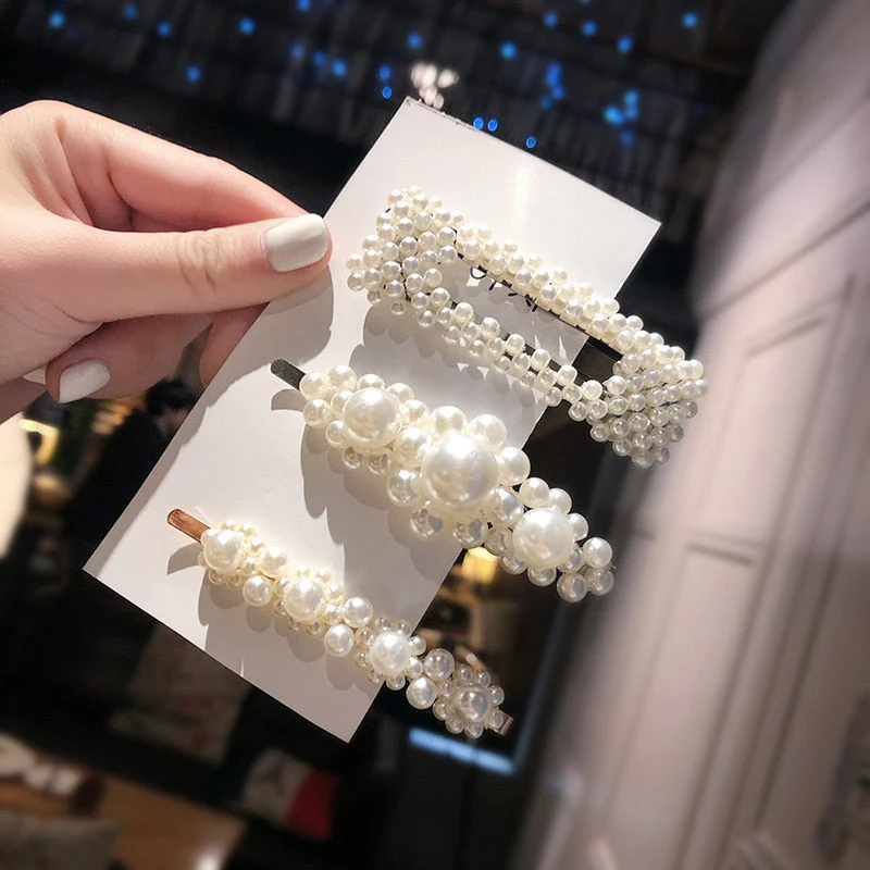 3/4/5pcs/Set Women Girls Elegant Full Pearls Geometric Hair Clips Sweet Hair Ornament Hairpin Barrette Headband Hair Accessories - Deanwangkt