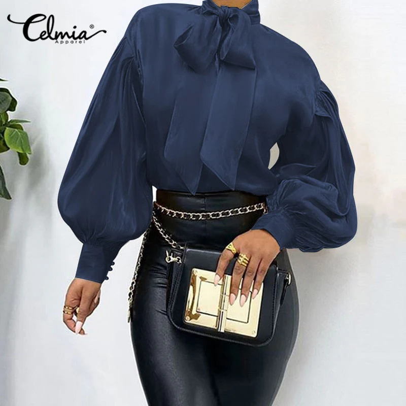 Elegant Office Women Puff Sleeve Blouses Bow Collar Solid Shirts  Fashion Casual Loose Tunic Tops Party Blusas Femme - Deanwangkt