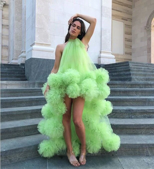 Green Prom Dresses  Tulle Party Dresses Vestido Formatura Robe De Soiree Halter Neck Vestidos De Gala - Deanwangkt