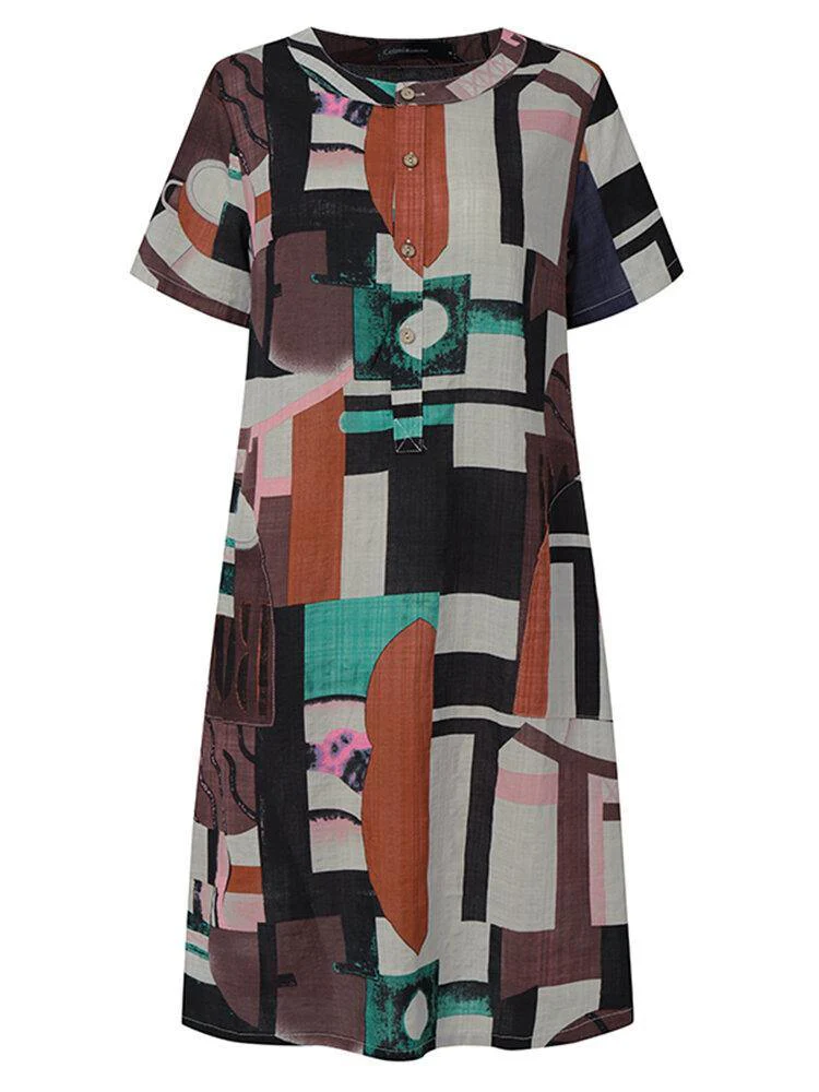 deanwangkt Women Geometry Print Short Sleeve Vintage Dresses with Pockets - Deanwangkt