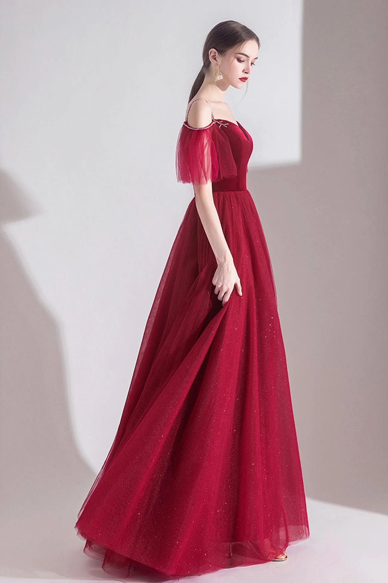 solvbao Burgundy Velvet Tulle Long A-Line Prom Dresses, Simple Evening Dresses - Deanwangkt