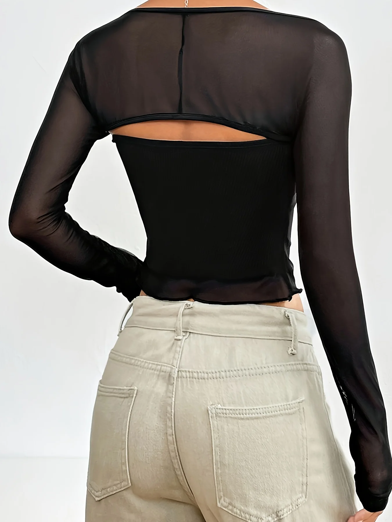 Solid Two-piece Top Set, Mesh Crop Open Front Outwear & Crop Lettuce Trim Tube Top Outfits, Women's Clothing - Deanwangkt