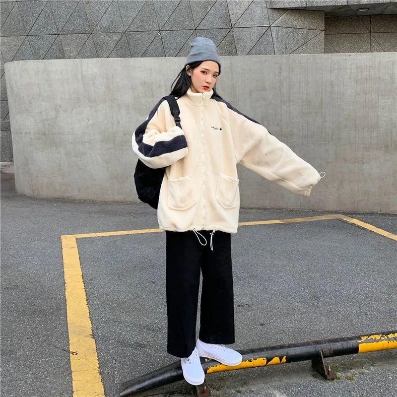 deanwangkt Oversize Women Hoodie Korean Fashion Autumn Winter Warm Harajuku Lamb Wool Zipper Hoodies Casual Thick Sweatshirt Loose - Deanwangkt