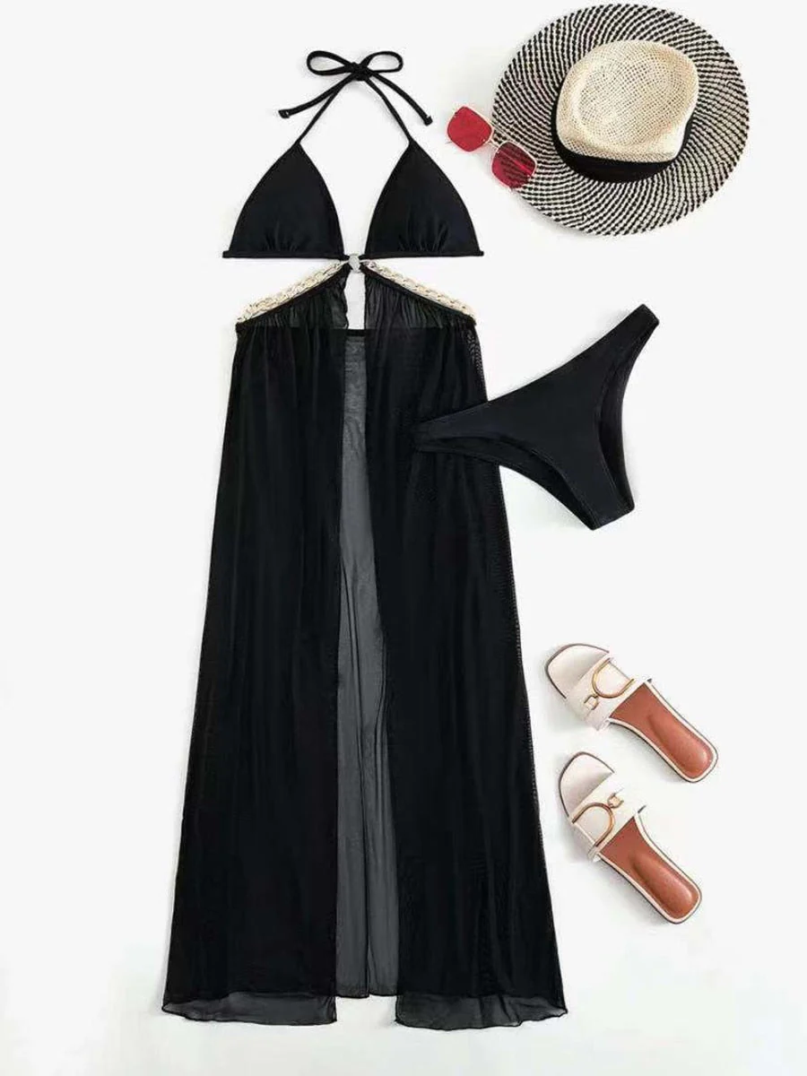 Joskka  Women With Top Dress Triangle Swimwear Female Solid Swimsuit Beach Wear Bathing Swimming Suit Summer - Deanwangkt