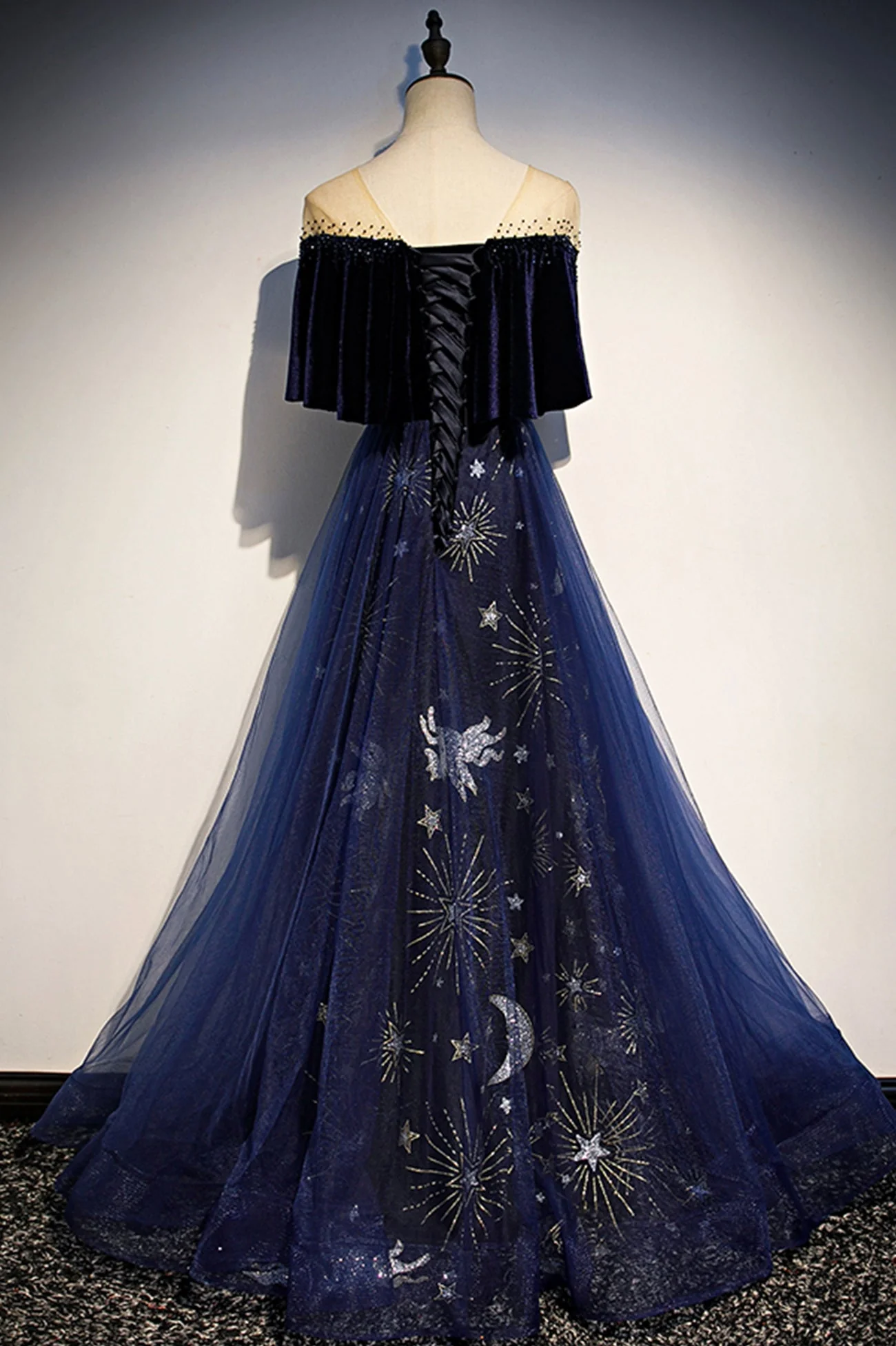 solvbao Blue Velvet Tulle Long Prom Dresses, Blue Formal Evening Dresses - Deanwangkt