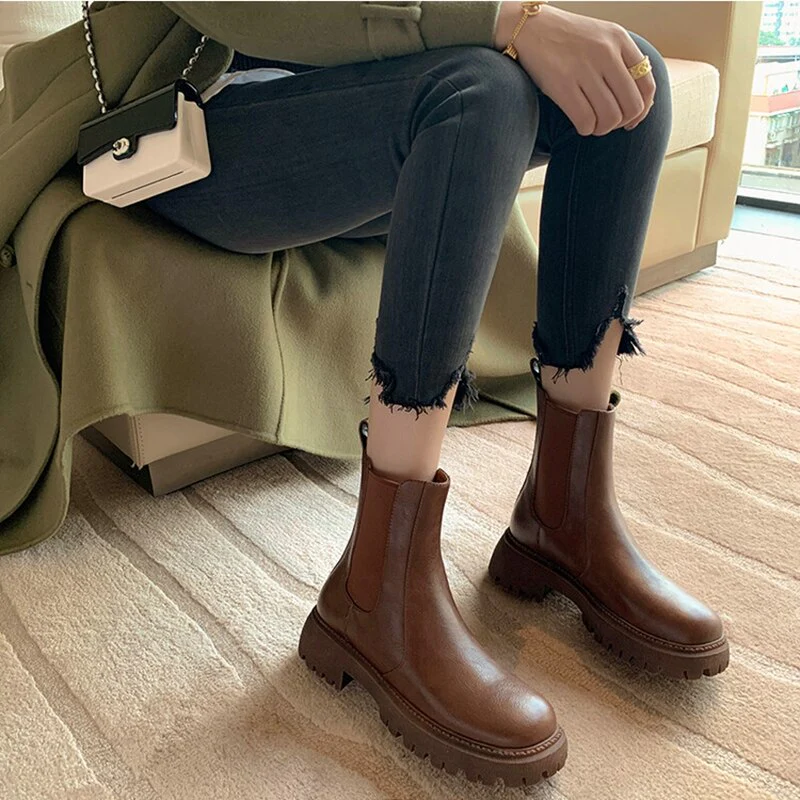 deanwangkt  fashion inspo   NEW Fall/Winter Shoes Women Split Leather Ankle Boots Round Toe Chunky Shoes for Women Solid Chelsea Boots Leisure Black Boots - Deanwangkt