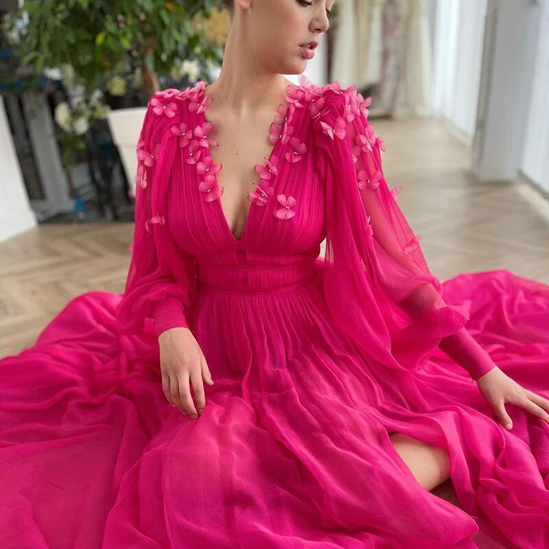 Chiffon Prom Dress  A-Line V-Neck Long Puffy Sleeves Butterfly Evening Gowns Saudi Arabia Custom Made Evening Dress - Deanwangkt