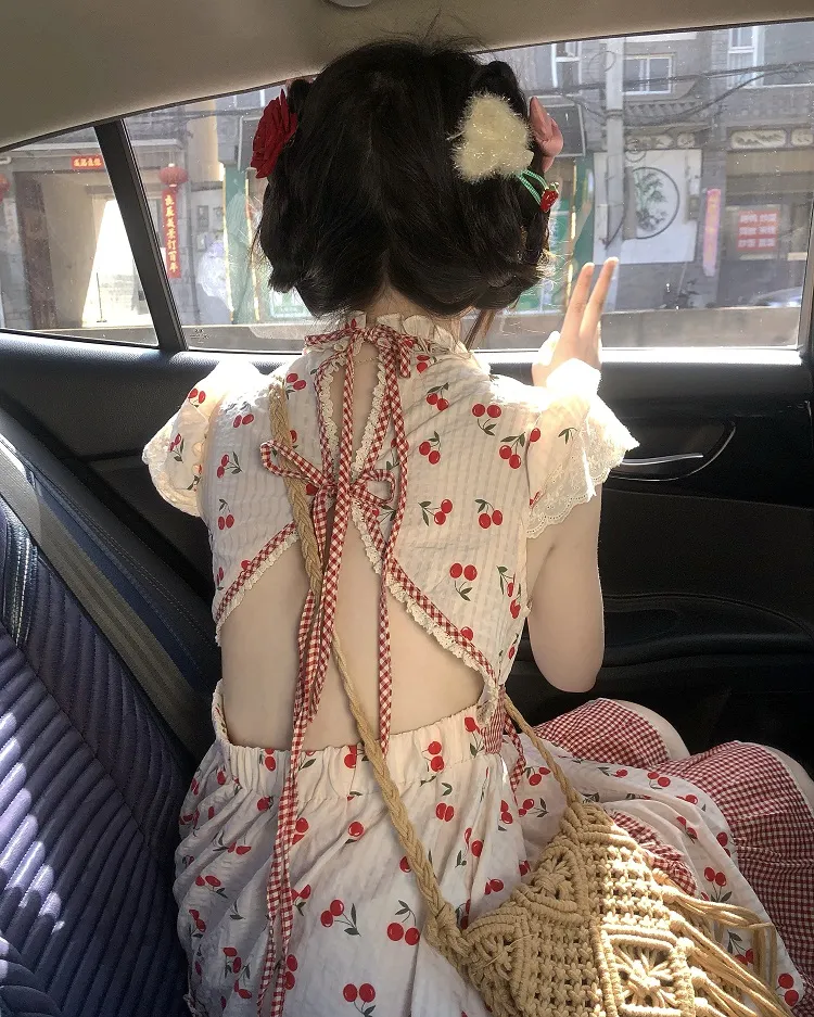 deanwangkt Summer Red Lolita Kawaii Dress Women Bow Sweet Princess Party Mini Dress Female Patchwork Korean Fashion Cherry Cute Dress - Deanwangkt