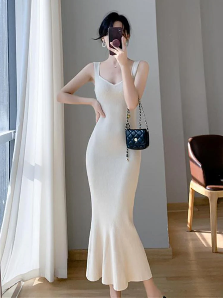 deanwangkt Korea Summer New Women White Elegant V-neck Knit Slip Long Dress French Black Sexy Club Slim Prom Evening Party Fishtail Dresses - Deanwangkt