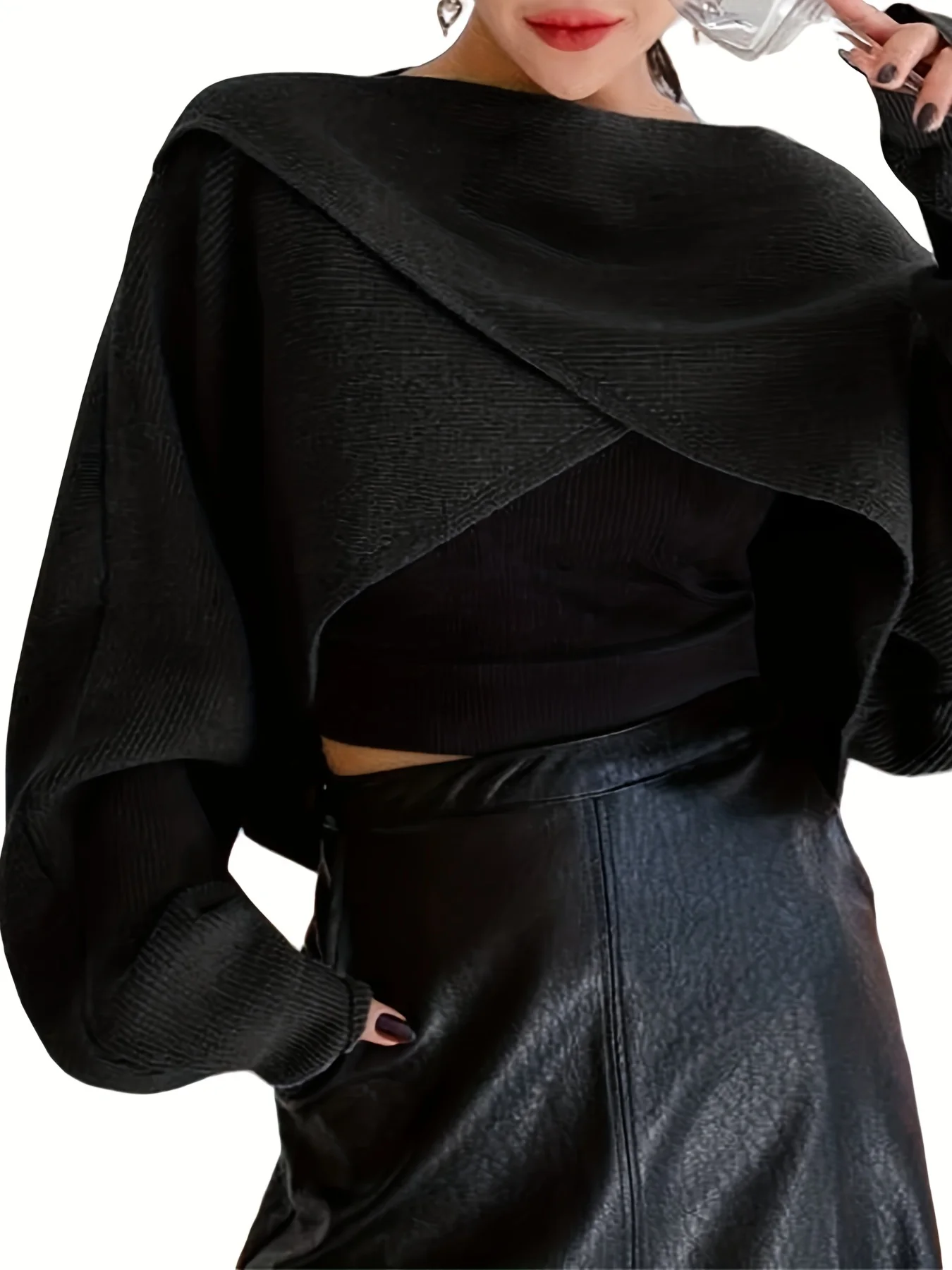 deanwangkt-1  Solid Cross Front Crop Sweater, Elegant Batwing Sleeve Sweater For Spring & Fall, Women's Clothing - Deanwangkt