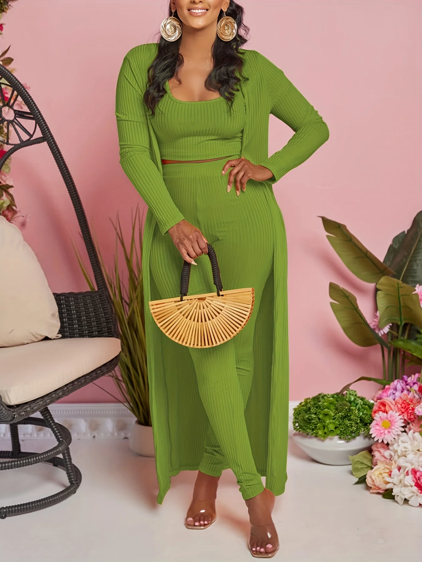 deanwangkt-1  Solid Ribbed Three-piece Set, Crop Tank Top & Slim Pants & Long Sleeve Cardigan Outfits, Women's Clothing - Deanwangkt