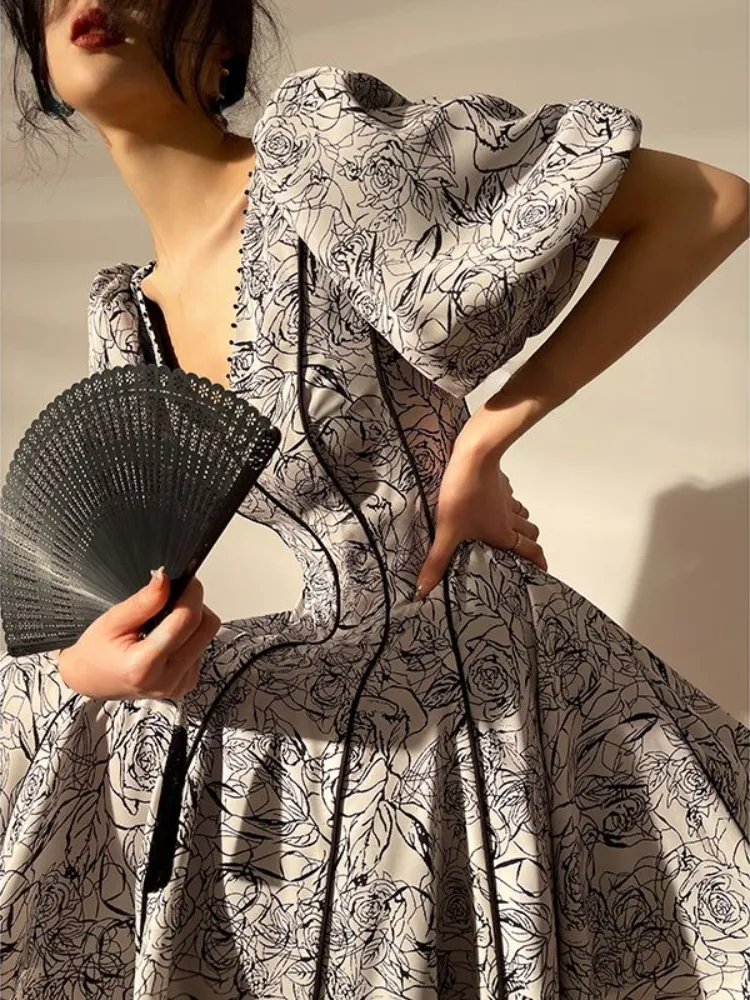 Joskka  Summer Print Elegnat Vintage Dress Woman Even Party Y2k Mini Dress Woman Chiffon Short Sleeve Casual Dress V Neck Design - Deanwangkt