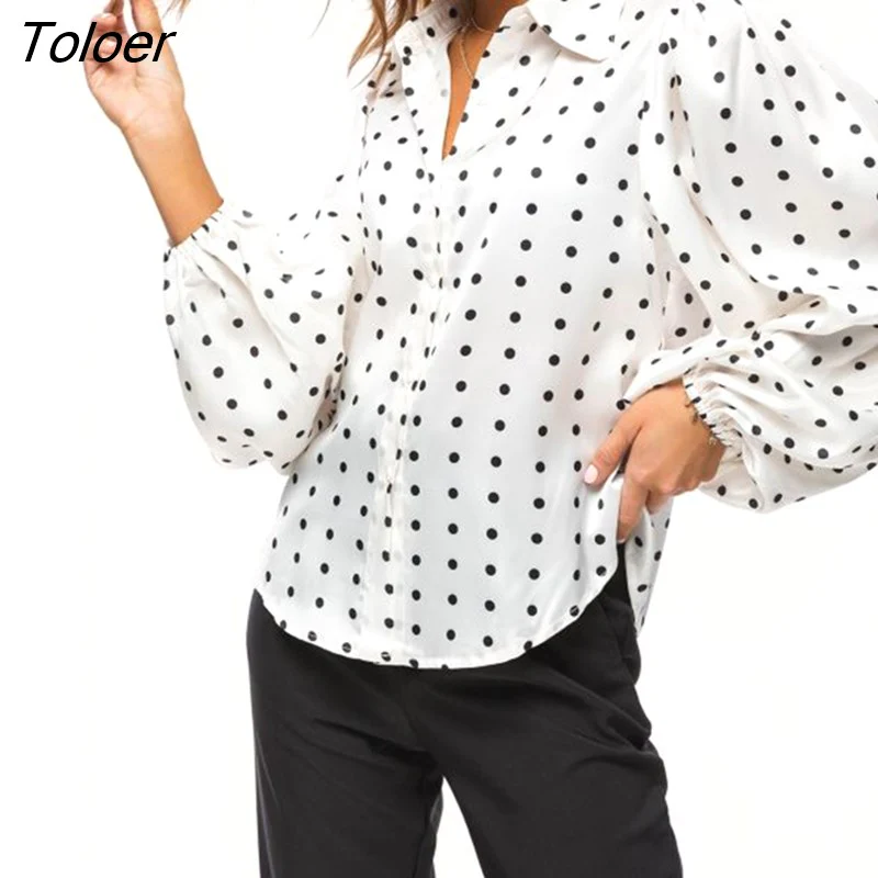 deanwangkt Office Lady White Blouse Shirt Women Polka Dot Lantern Sleeve Women Blouses Tops Oversized Loose Female Shirt Blusas 12372 - Deanwangkt