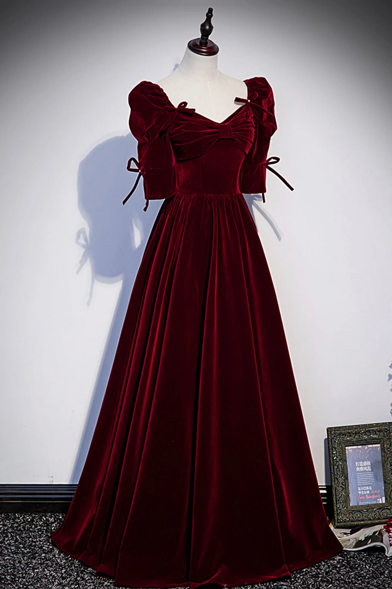 solvbao Burgundy Velvet Long Prom Dresses, A-Line Short Sleeve Evening Dresses - Deanwangkt