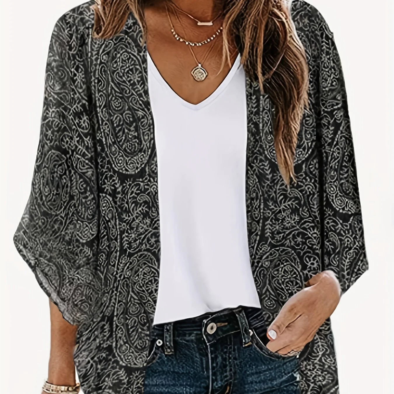 Paisley Print Coverup Kimono, Casual Open Front 3/4 Sleeve Blouse, Women's Clothing - Deanwangkt