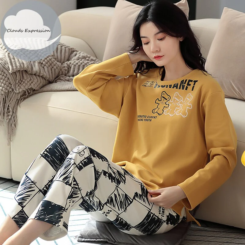 Spring Autumn Women's Sleep Lounge Pajama Long Sleeved Woman Pajama Set Cartoon Pyjamas Cotton Sleepwear M L XL XXL XXXL Fashion - Deanwangkt