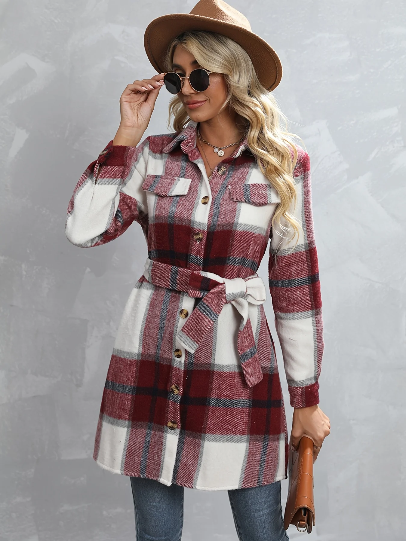 Button Plaid Tie Waist Jacket, Casual Long Sleeve Jacket For Fall & Winter, Women's Clothing - Deanwangkt