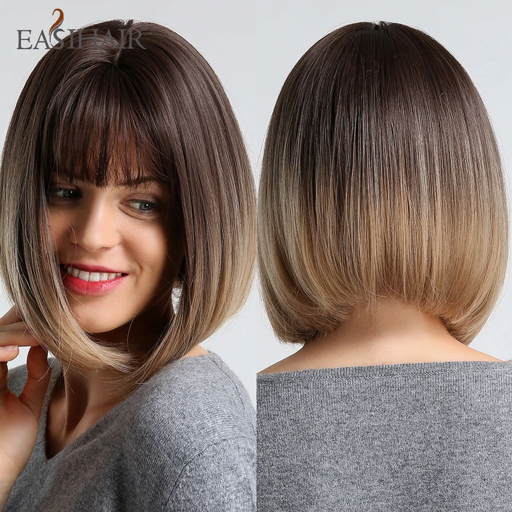 deanwangkt  Short Straight Bob Wigs With Bang Golden Brown Natural Synthetic Hair For Women Daily Cosplay Heat Resistant Fiber Wigs - Deanwangkt
