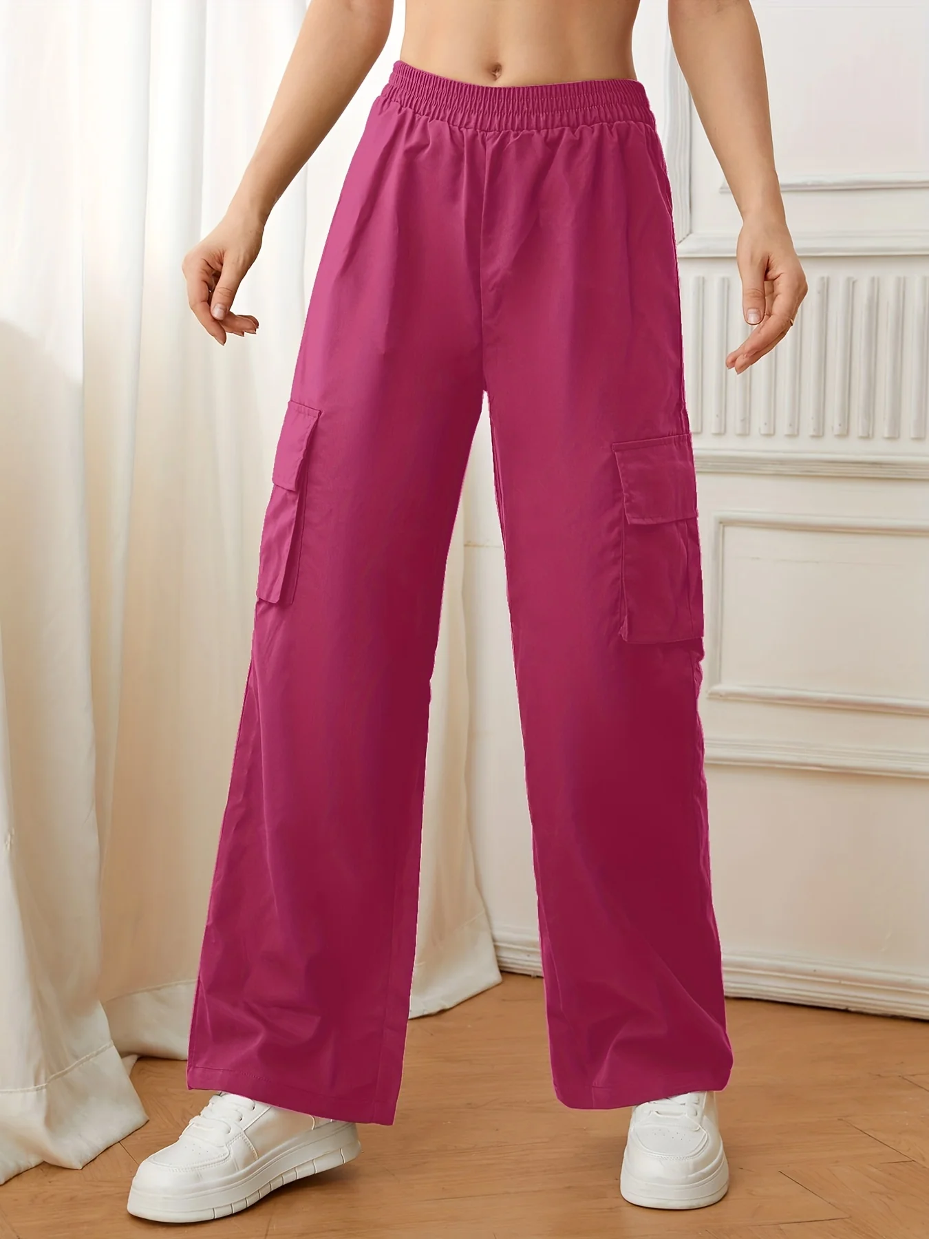 deanwangkt-1  Flap Pockets Straight Leg Cargo Pants, Casual High Waist Pants, Women's Clothing - Deanwangkt