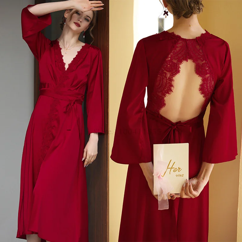 deanwangkt Long Tailing Nightgown Women Wedding Robe Elegant Lace Embroider Sleepwear Bride Banquet Dressing Gown Flare Sleeve Kimono - Deanwangkt