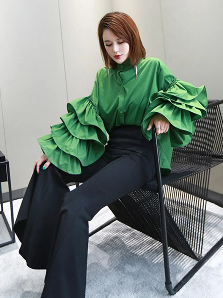 deanwangkt Loose Solid Shirt For Women Stand Collar Lantern Sleeve Patchwork Ruffle Single Breasted Chic Blouse Female  Spring - Deanwangkt