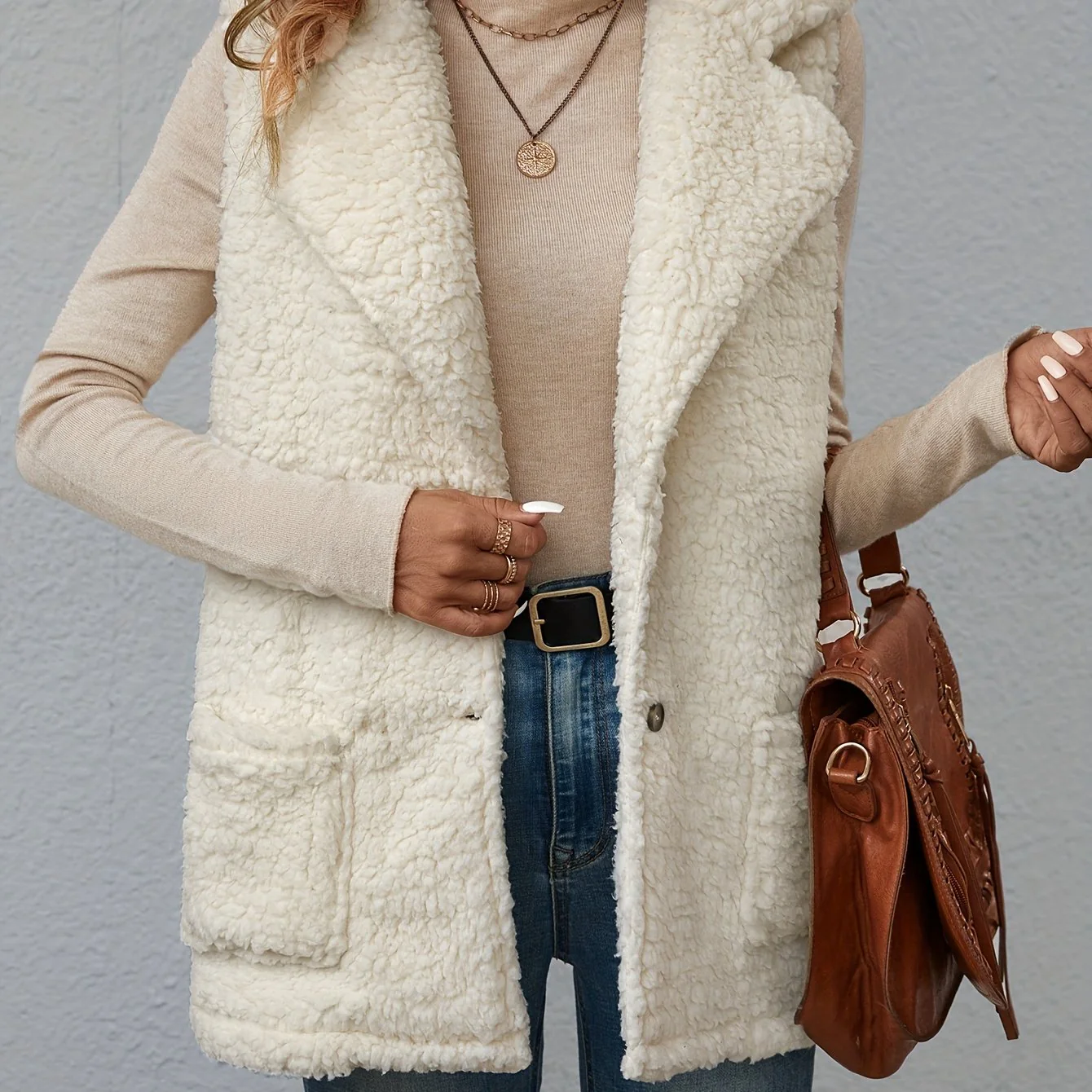 Lapel Patched Pockets Vest Jacket, Casual Thermal Sleeveless Jacket For Fall & Winter, Women's Clothing - Deanwangkt