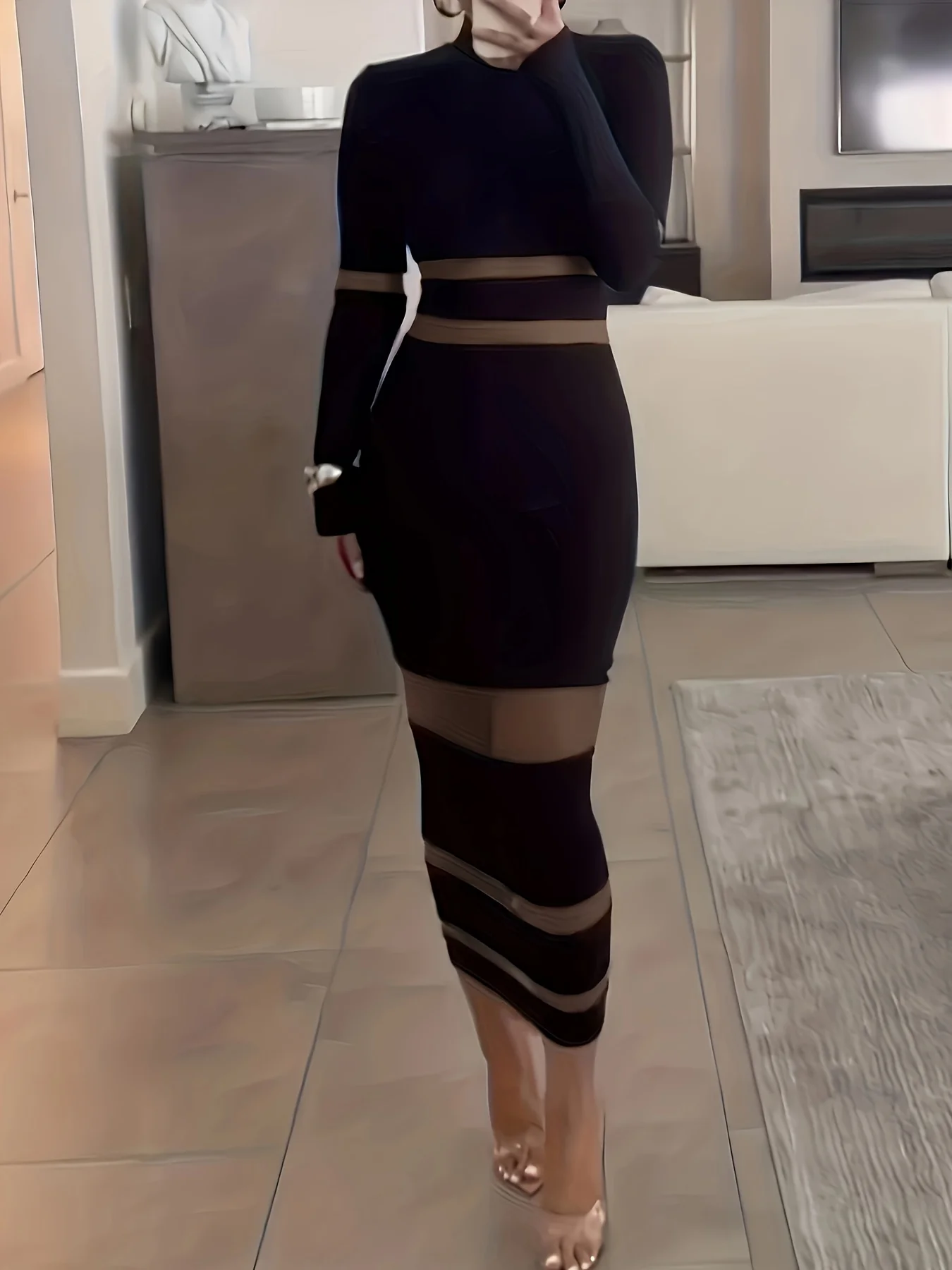 deanwangkt-1  Mesh Panel Long Sleeve Slim Dress, Casual Mock Neck Dress For Spring & Fall, Women's Clothing - Deanwangkt