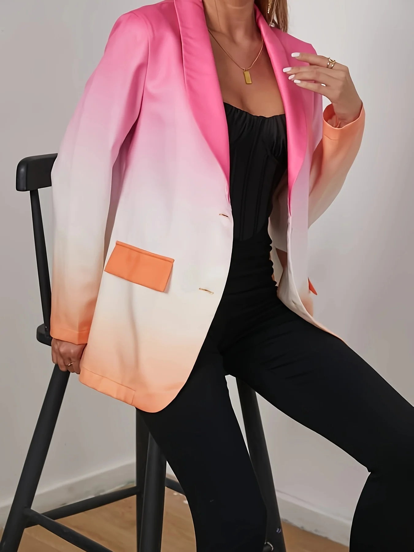 deanwangkt-1 Ombre Button Front Blazer, Elegant Long Sleeve Lapel Blazer For Office & Work, Women's Clothing - Deanwangkt