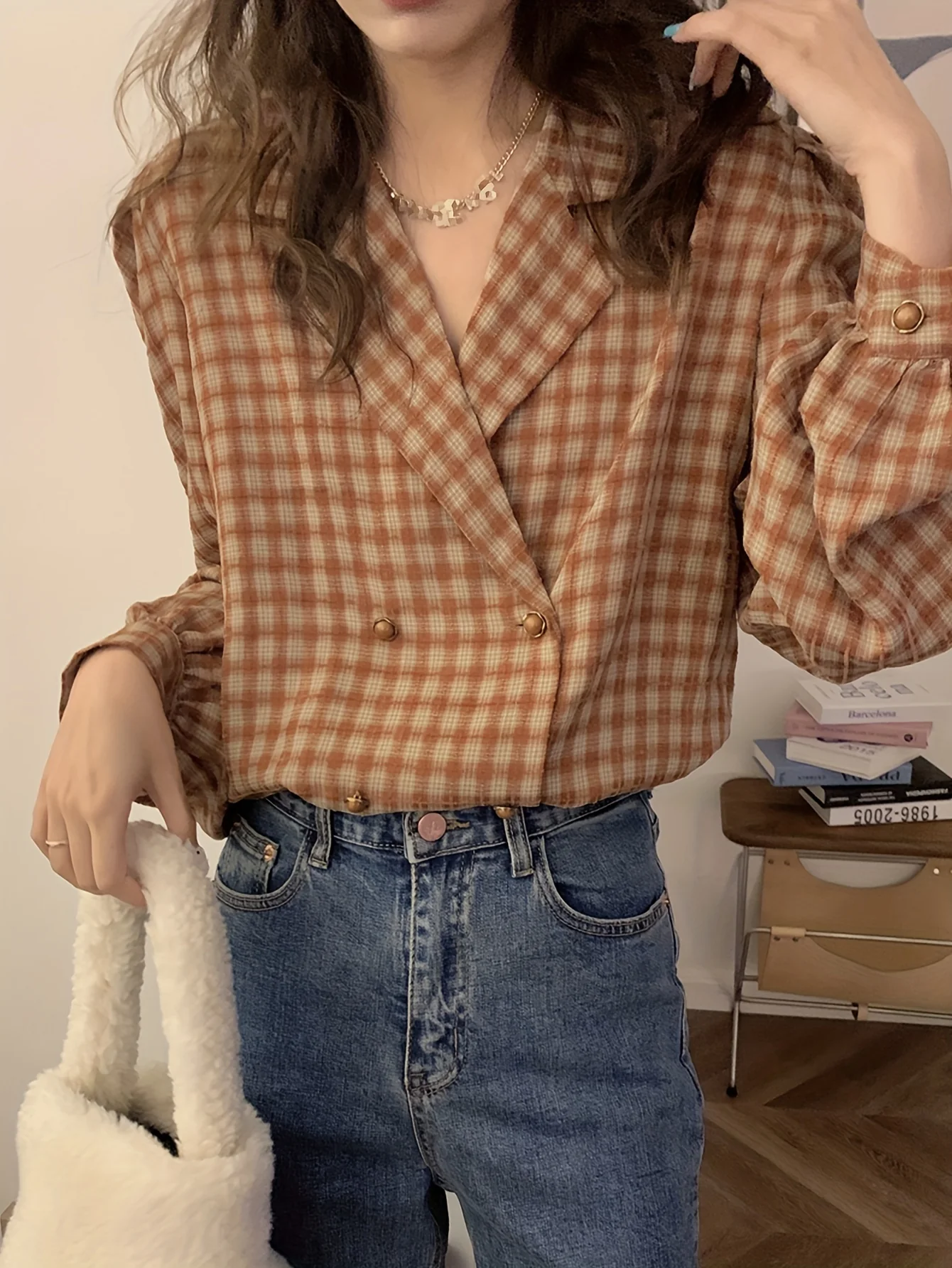 deanwangkt Plaid Print Double-breasted Blouse, Elegant Puff Sleeve Notch Collar Blouse, Women's Clothing - Deanwangkt