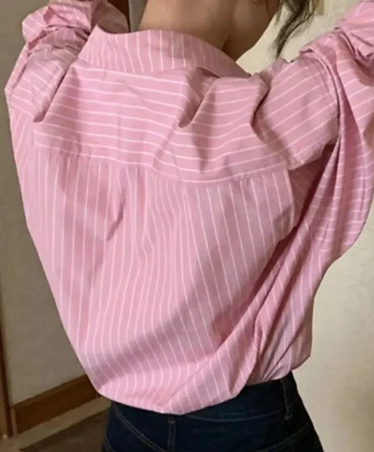 deanwangkt Pink Striped Shirts for Women Spring Summer Korean Loose Turn Down Collar Long Sleeve Tops Casual Harajuku Blouses - Deanwangkt