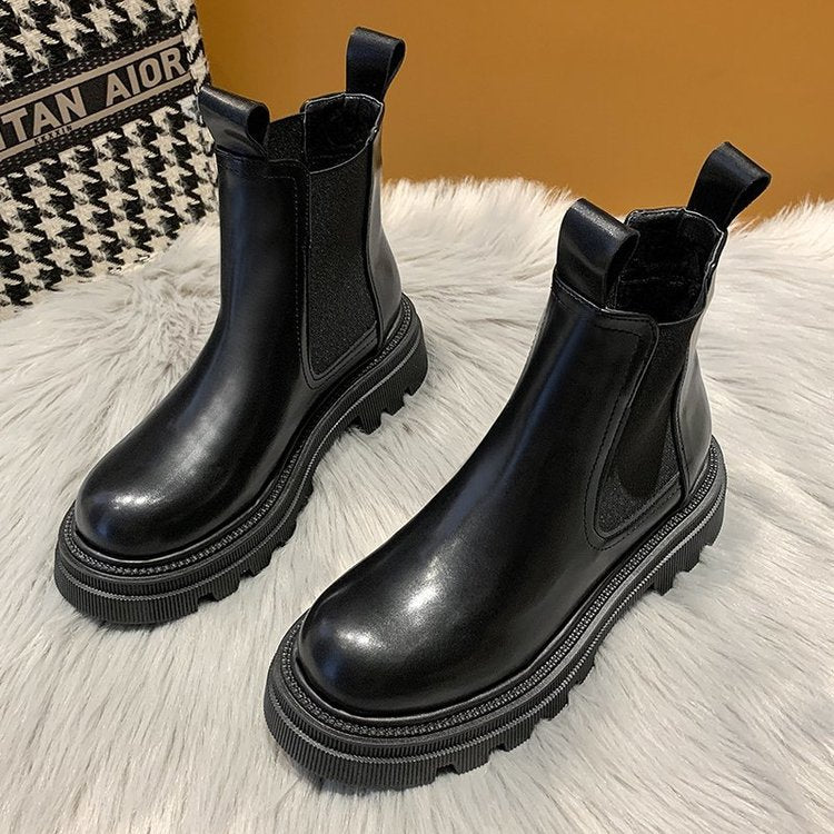 DEANWANGKT Christmas Gift  New Chunky Boots Fashion Platform Women Ankle Female Sole Pouch Ankle Botas Mujer Round Toe Slip-On Botas Altas Mujer - Deanwangkt