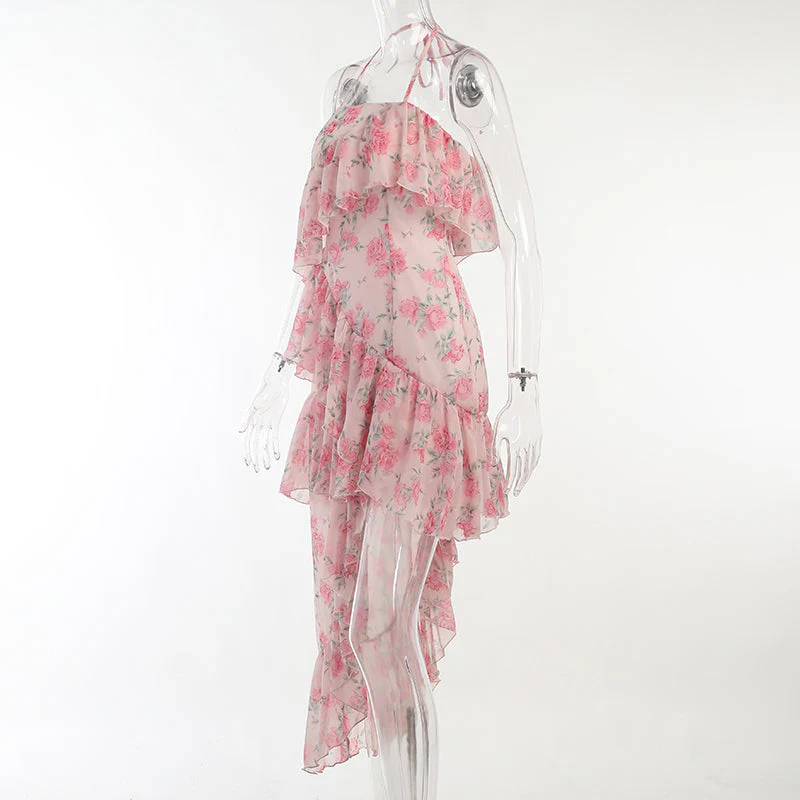 deanwangkt  Irregular Ruffled Breast Wrap Strap Dress Women's  Spring Summer Midi Flower Halterneck  Boho Dress Beach Dress Sundress  Fairy Dress - Deanwangkt