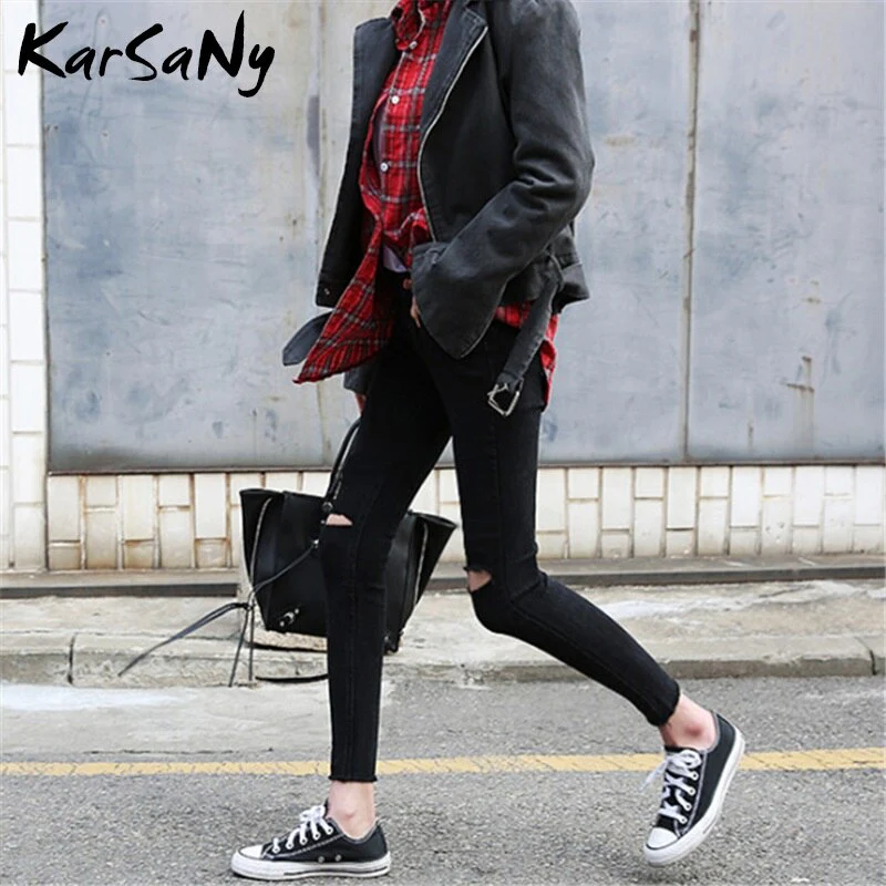 Back To School Skinny Ripped Jeans For Women  Stretch High Waist Black Jeans With Holes Destroyed Women Denim Pants With Holes Summer Jean - Deanwangkt
