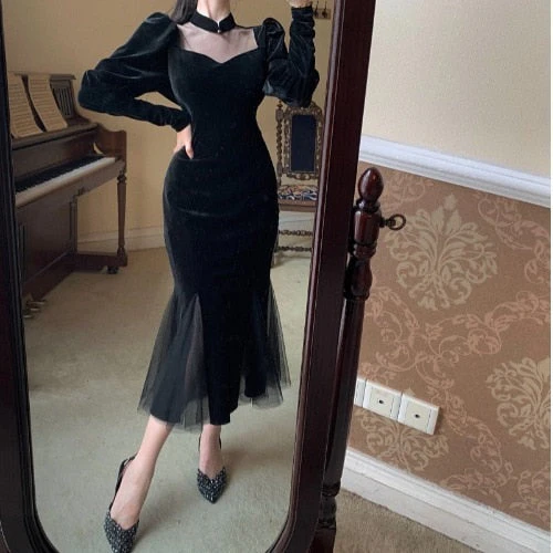 deanwangkt Elegant Mesh Velvet Black Long Dress Women Vintage Gothic Slim Party Dresses Female Winter Sexy Split Hollow Christmas Dress New - Deanwangkt