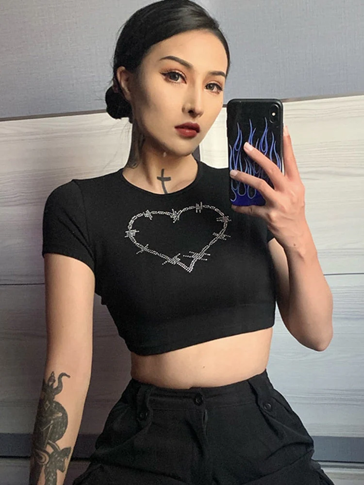 Top Women Short Sleeve T-Shirts Graphic T Shirt Aesthetics O Neck Rhinestone Tees Casual Black Crop Top E-Girl Y2K Clothes - Deanwangkt