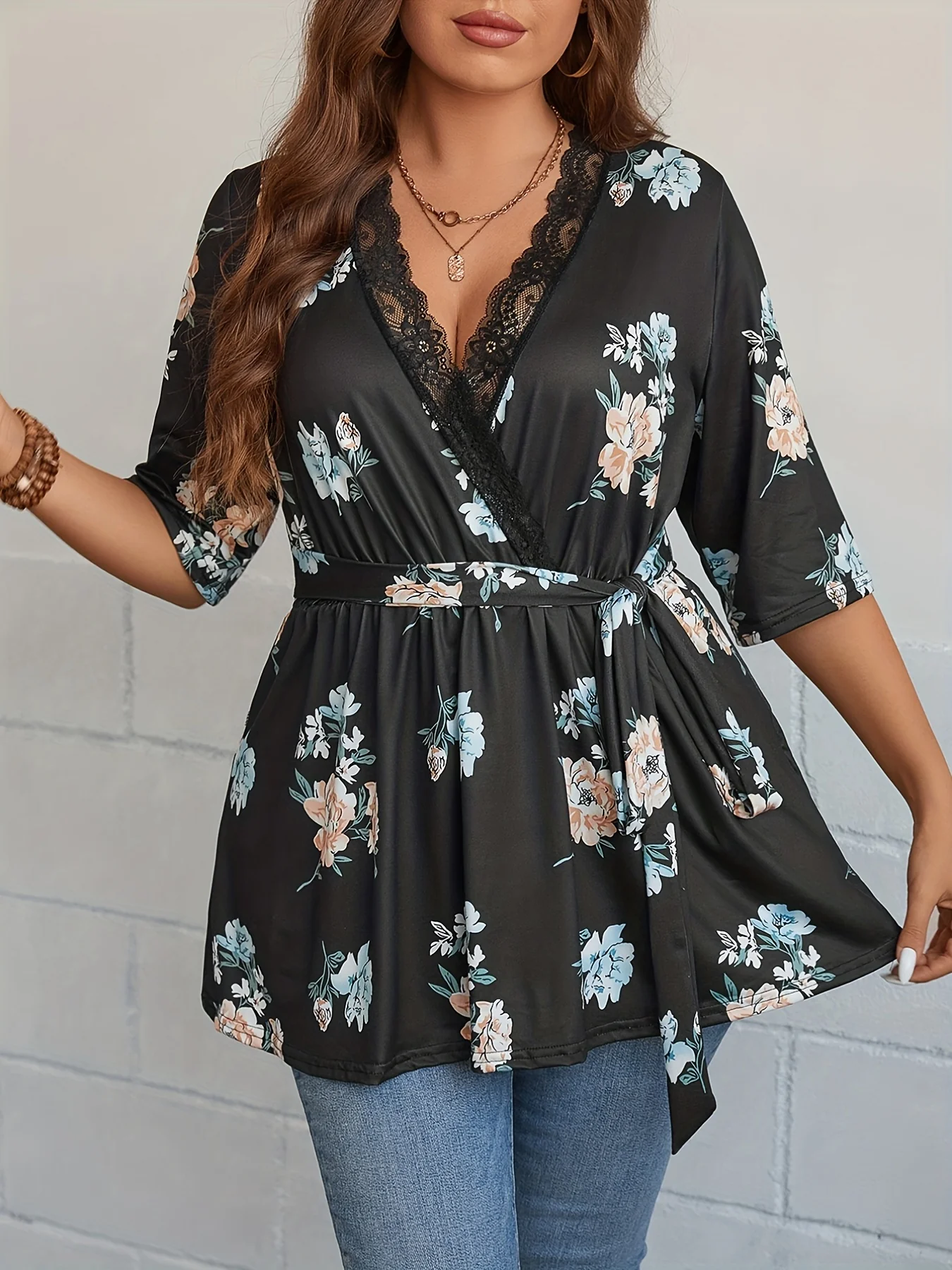 Plus Size Casual Top, Women's Plus Floral Print Contrast Lace Trim Half Sleeve Surplice Neck Medium Stretch Belted Peplum Top - Deanwangkt