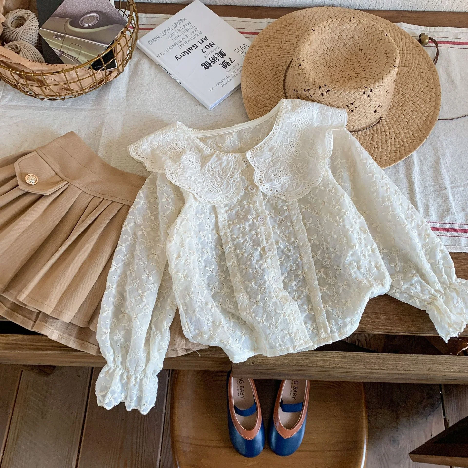 deanwangkt Spring Autumn baby girls lace Hollow out shirts 2-7 Years Girl cotton embroidery Lapel long sleeve blouses Tops - Deanwangkt