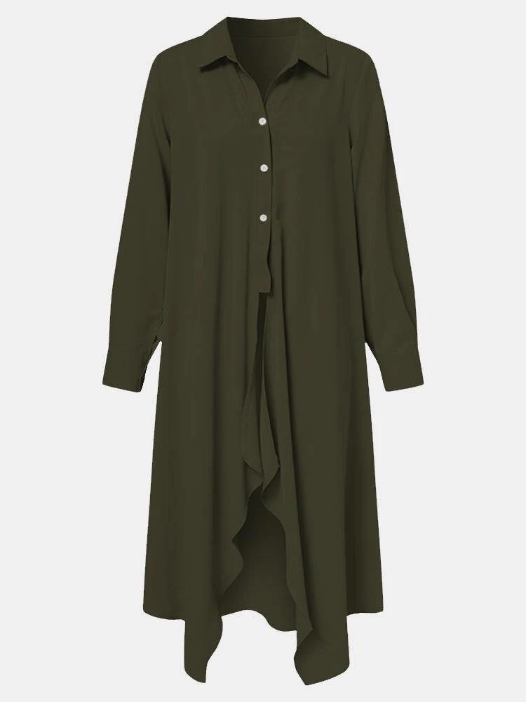 deanwangkt Pure Color Turn-down Collar Long Sleeve Button Irregular Hem Shirt Dress - Deanwangkt