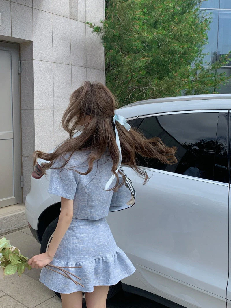 deanwangkt High Quality New Summer Fashion Korean Sweet Elegant 2 Piece Set Women Crop Top Shirt Blouse Mini Skirt Suits Two Piece Outfits - Deanwangkt