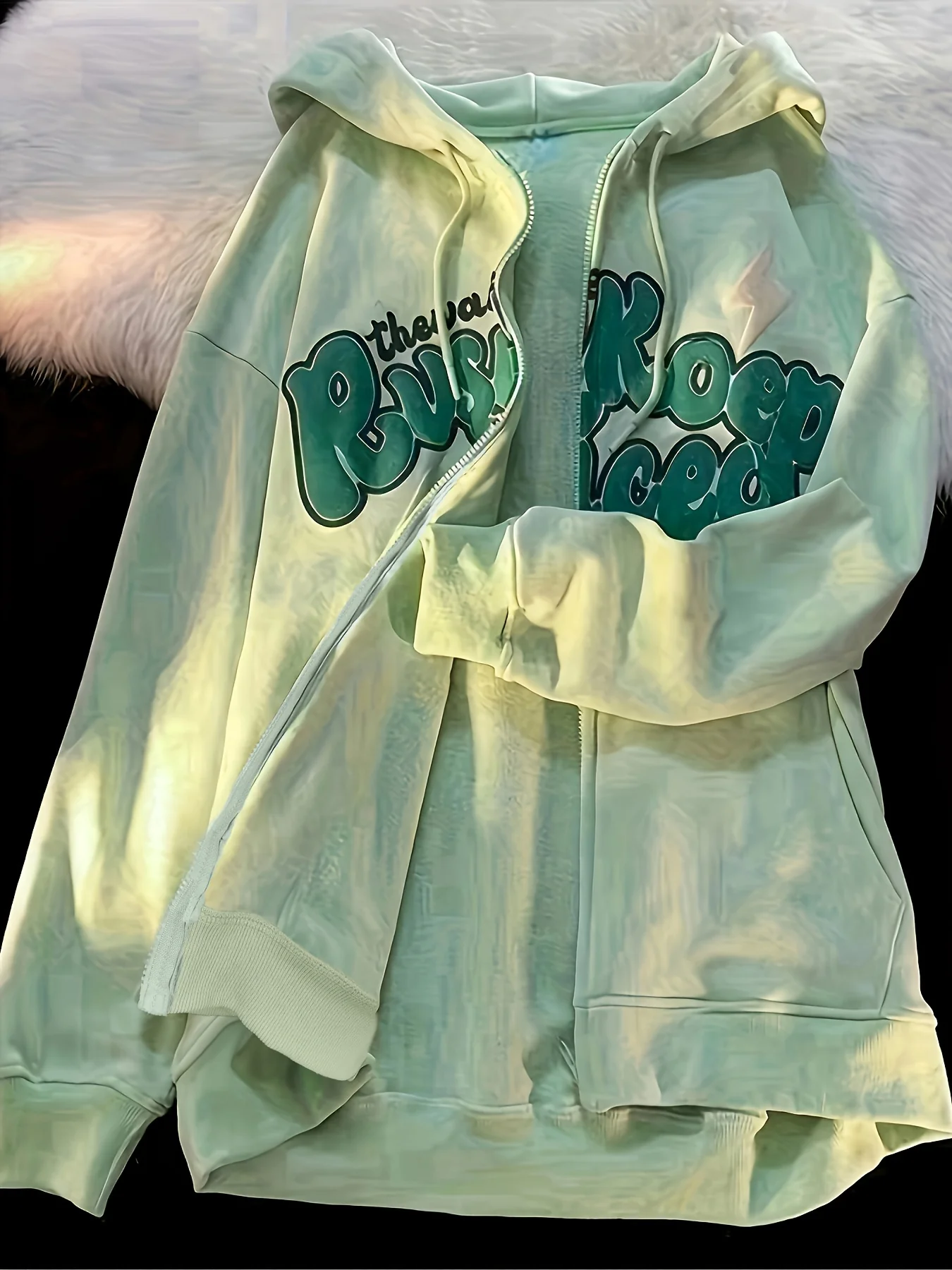 Letter Print Zip Up Drawstring Hoodie, Casual Long Sleeve Loose Fashion Sweatshirt With Pocket, Women's Clothing - Deanwangkt