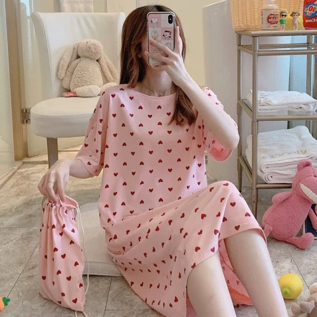 deanwangkt  Women Short Sleeve Sleepwear Cotton Night Gowns Summer Cartoon Nightgowns Home Wear Girls Sleep Lounge Sleeping Dress - Deanwangkt