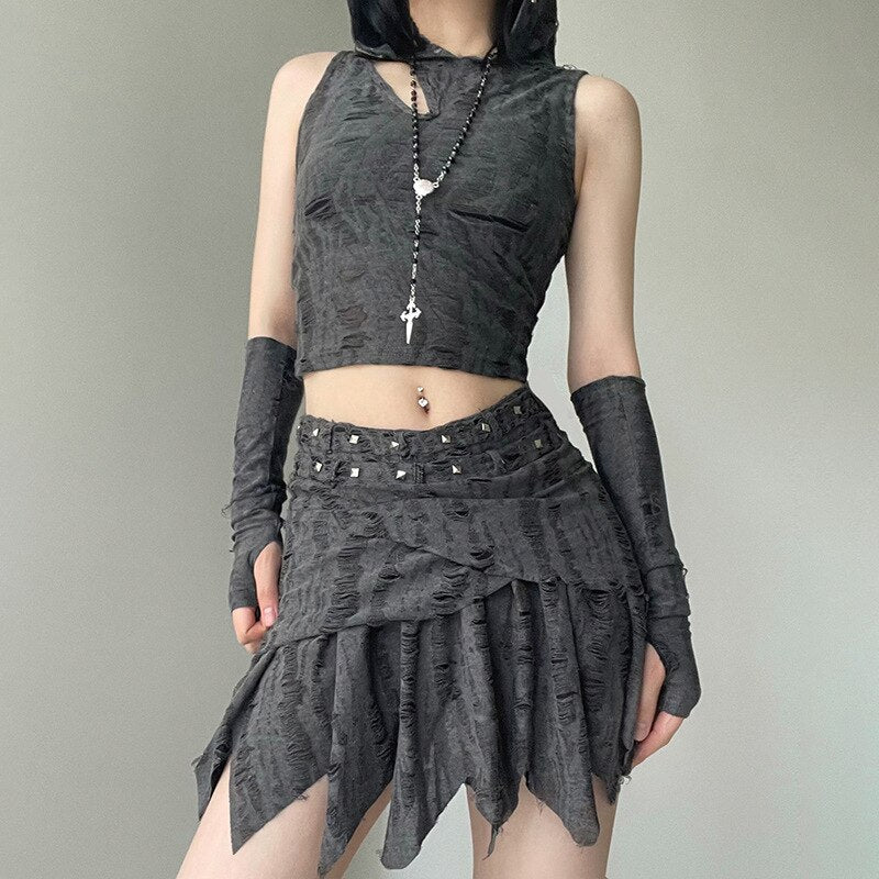 deanwangkt Frayed Cut Out Cyber Y2k Tank Tops Gothic Punk Rivet Hooded Sexy Female Crop Top Grunge Bodycon Streetwear With Gloves - Deanwangkt