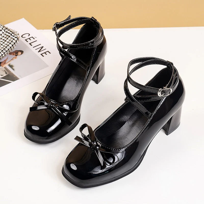 deanwangkt Black Retro Cross-Tie Pumps Casual  Summer Marry Janes Round Toe Shoes Ladies Lolita Sweet Fashion Shoes Woman Bow Design - Deanwangkt
