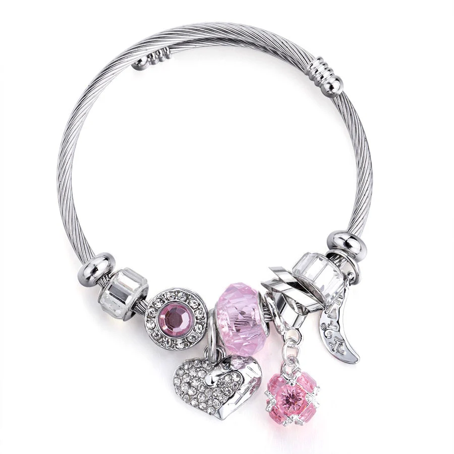 DEANWANGKT Love Heart DIY Bracelet Crystal Bead Charms Bracelets & Bangles Fashion Indian Jewelry Steel Chain Wristband Brand Gift - Deanwangkt